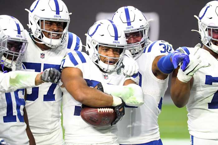 Indianapolis Colts safety Khari Willis strikes a pose with defensive teammates after his pick-six in the fourth quarter clinched a road win on Sunday at Las Vegas.